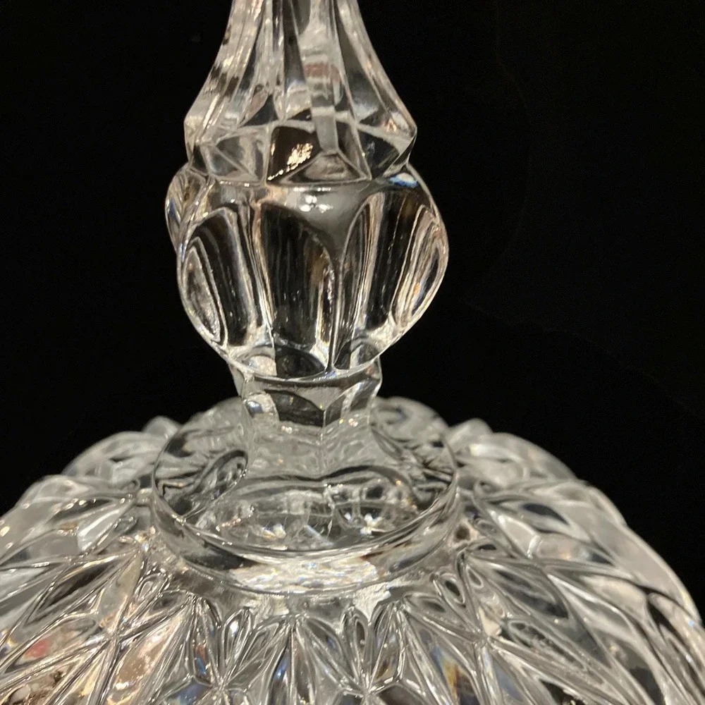 Vintage Footed Crystal Clear Cut Glass Candy Dish Bowl W/ Finial Lid 8